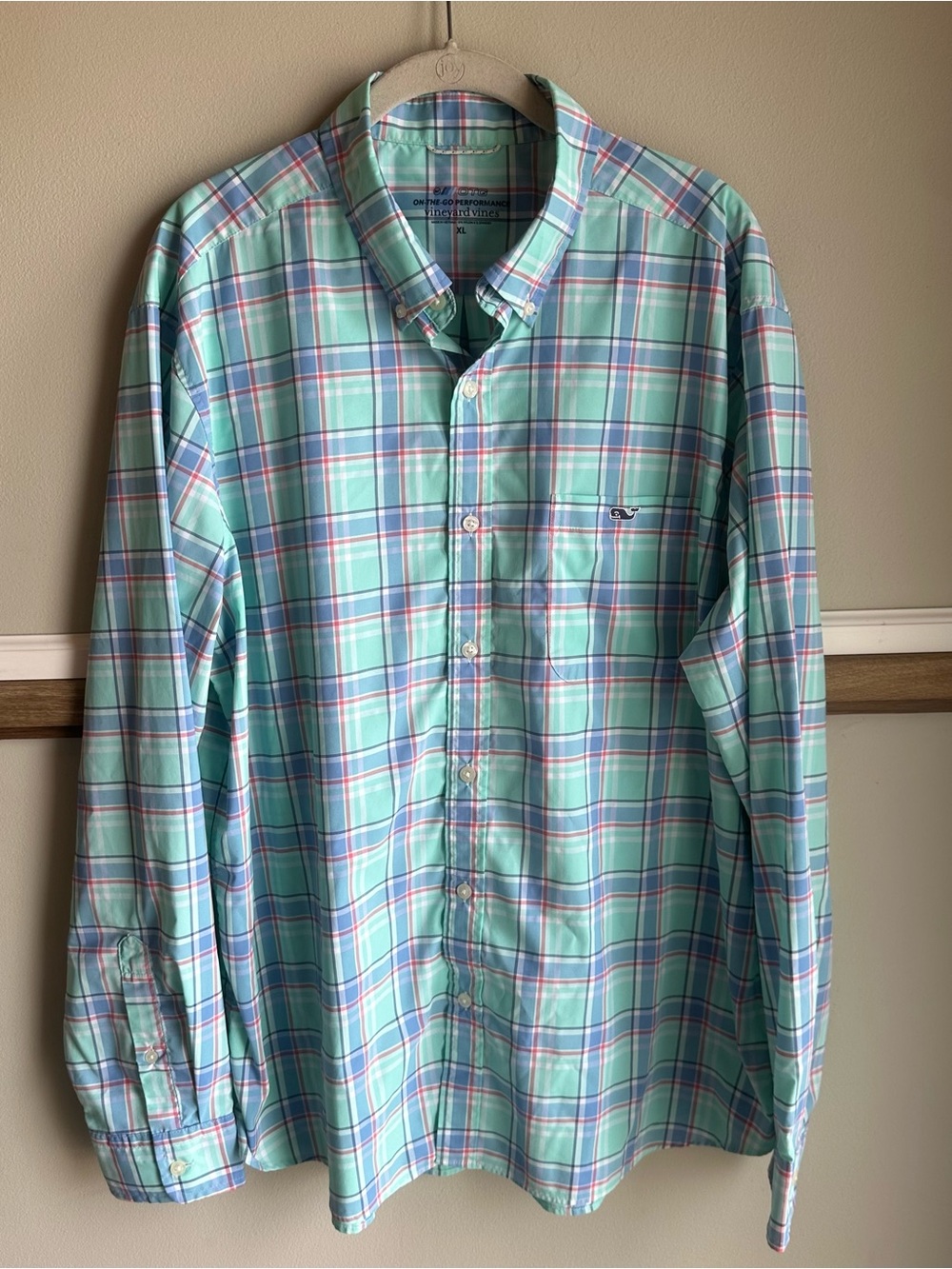 Vineyard Vines OTG Performance Button Front Green Blue Plaid Shirt